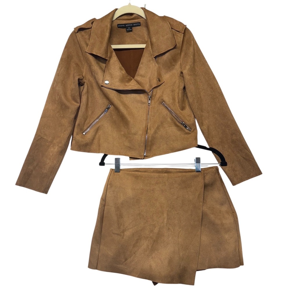 Hyfve Faux Suede Moto Jacket and Skort Set Cognac Brown Sz M cowgirl festival